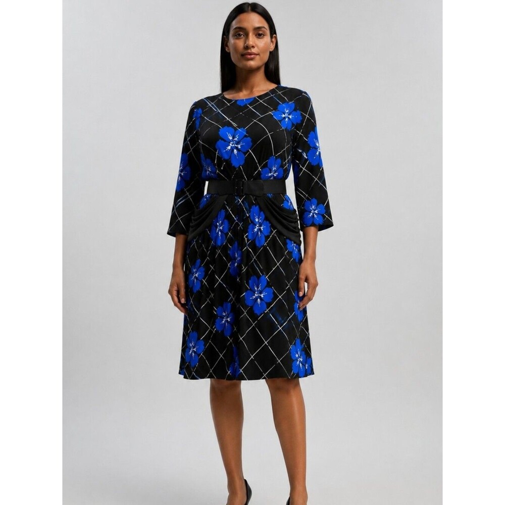 LANE BRYANT Women's Size 14/16 Leather Belted Midi Dress Blue Black